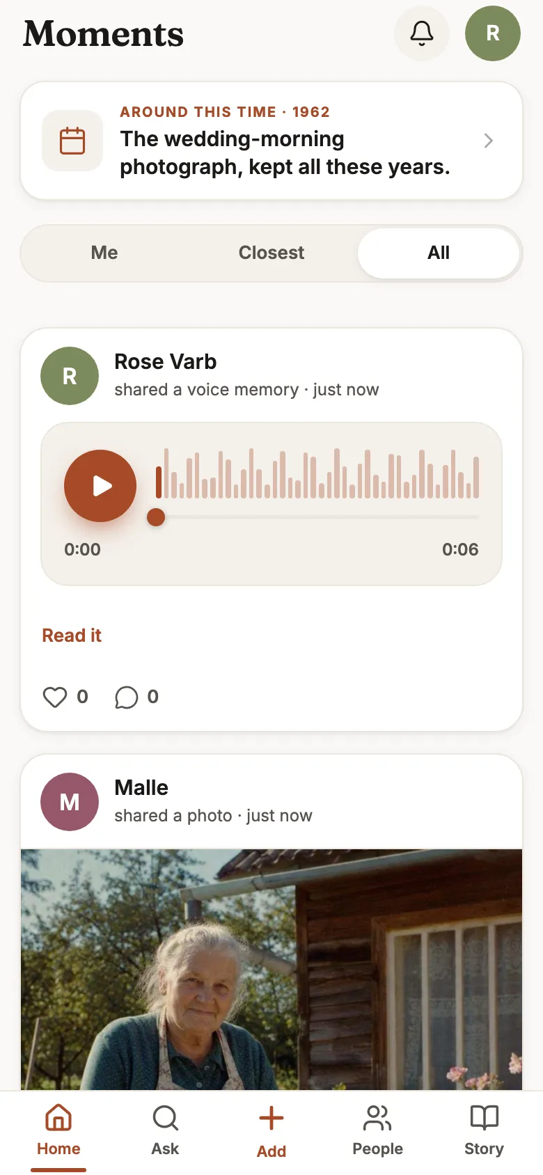 The Moments home feed: a voice memory and a family photo on one shared timeline.