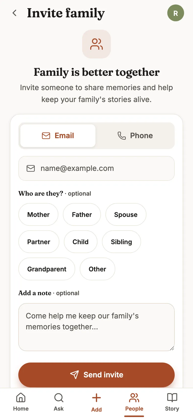 The invite screen: send a family member an invitation by email, with a note.