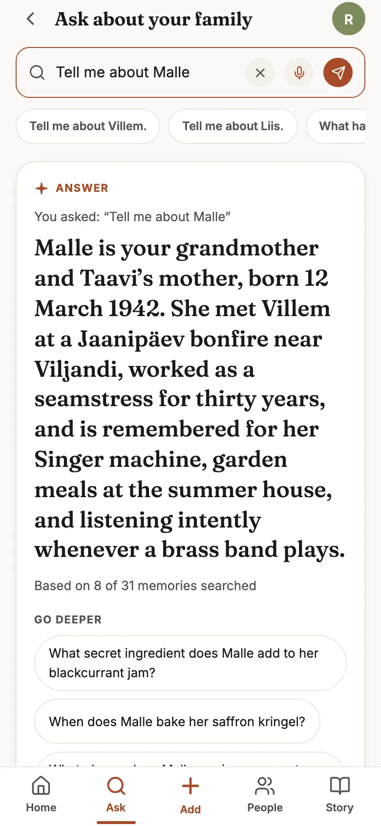 The Navigator answering the question "Tell me about Malle" from recorded family memories.