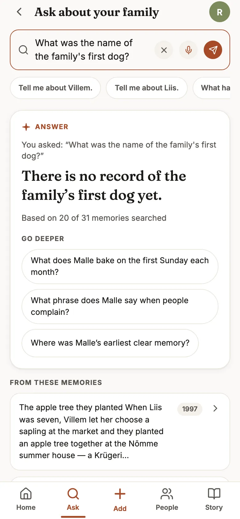 The Navigator answering that there is no record of the family's first dog yet.