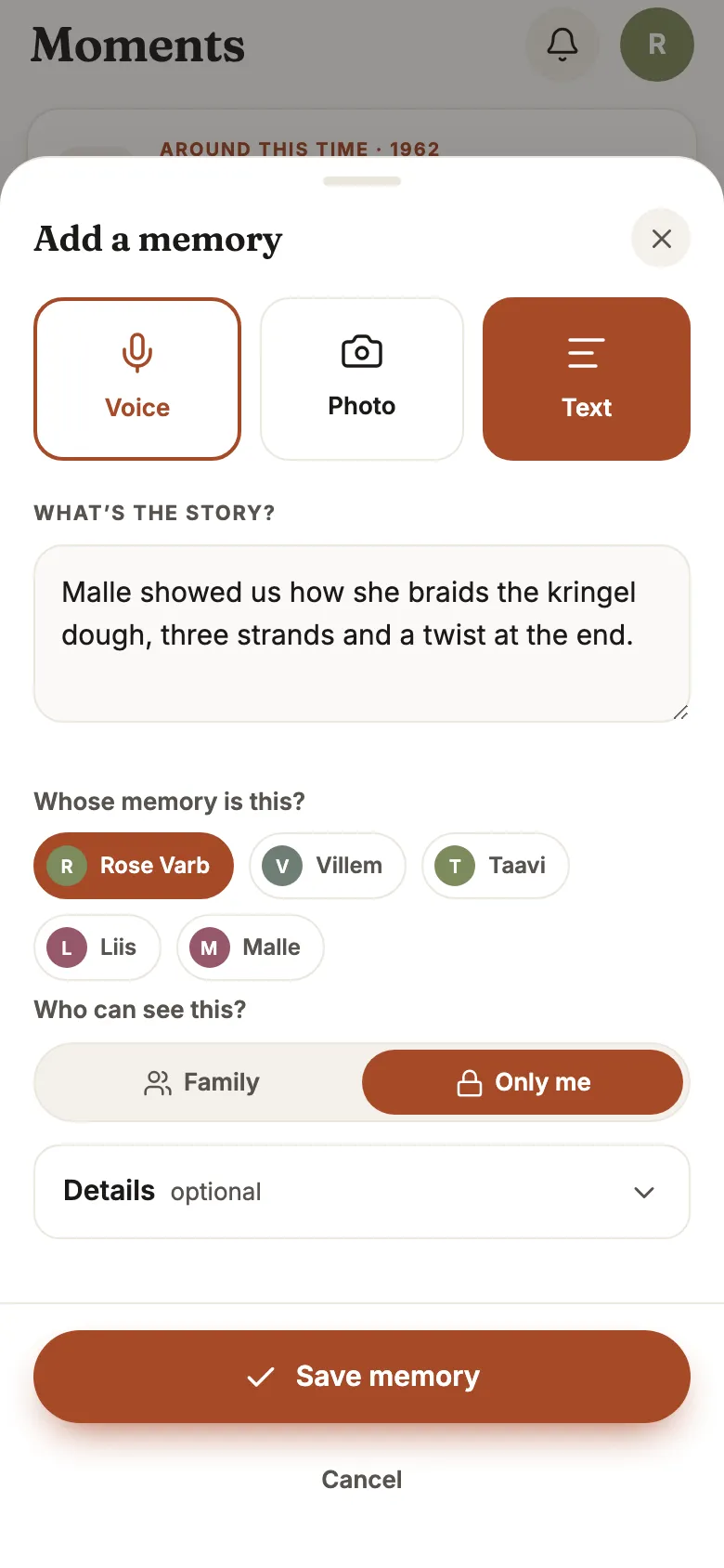 The Add a memory sheet: voice, photo or text, whose memory it is, and who can see it.